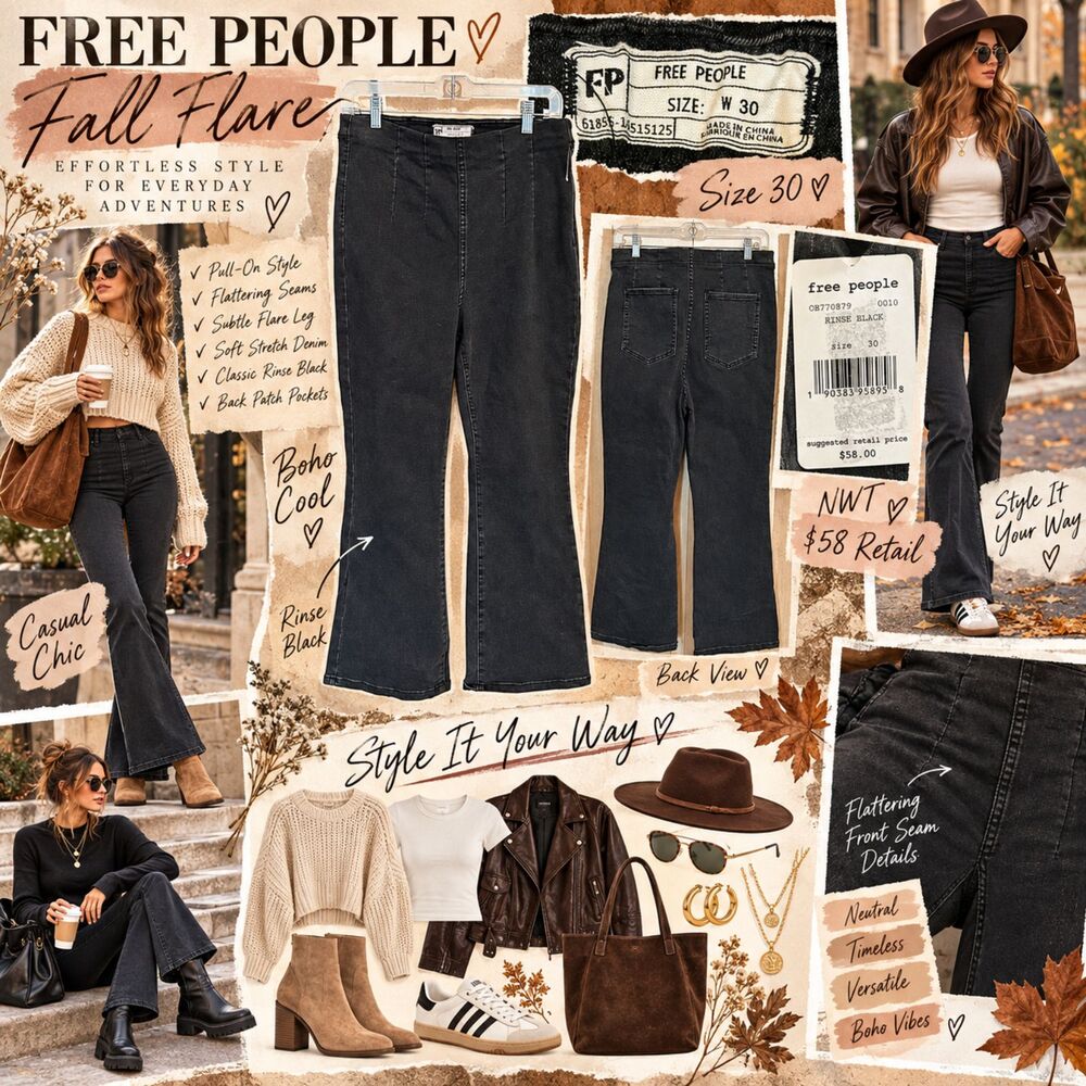 Free People NWT Black Pull On Flare Jeans High Rise Seamed Denim Size 30